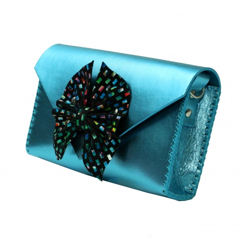 Butterfly Bow Metallic Blue Leather Handmade Bag 