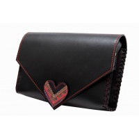 Traditional Print Heart Black Leather Handmade Bag 