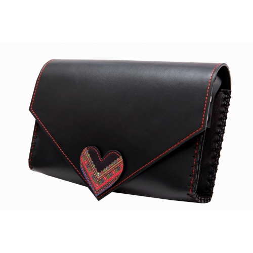 Traditional Print Heart Black Leather Handmade Bag 