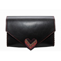 Traditional Print Heart Black Leather Handmade Bag 