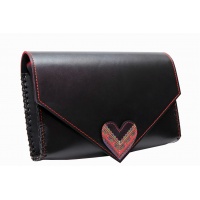Traditional Print Heart Black Leather Handmade Bag 