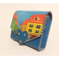 Sibiu Streetview Handpainted Blue Leather Bag by Carmenittta