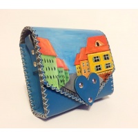 Sibiu Streetview Handpainted Blue Leather Bag by Carmenittta