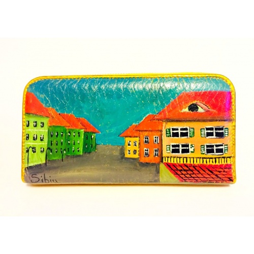 Sibiu Streetview Handpainted Golden Leather Wallet by Carmenittta