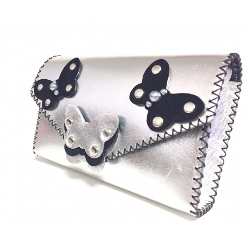 Sliver and Black Leather Butterflies on Silver Calf Leather Handmade Bag by Carmenittta
