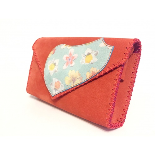 Flowers Printed Leather on Coral Suede Leather Bag by Carmenittta