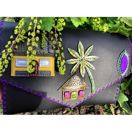 Little Colorful Leather Houses On Black Leather Bag By Carmenittta