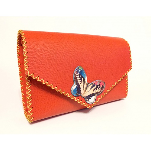 Orange Saffiano Leather with a Colorful Butterfly Handmade Bag