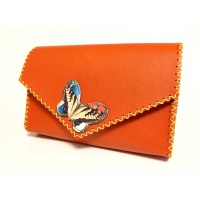 Orange Saffiano Leather with a Colorful Butterfly Handmade Bag