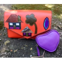 Little Colorful Leather Houses On Orange Saffiano Leather Bag By Carmenittta