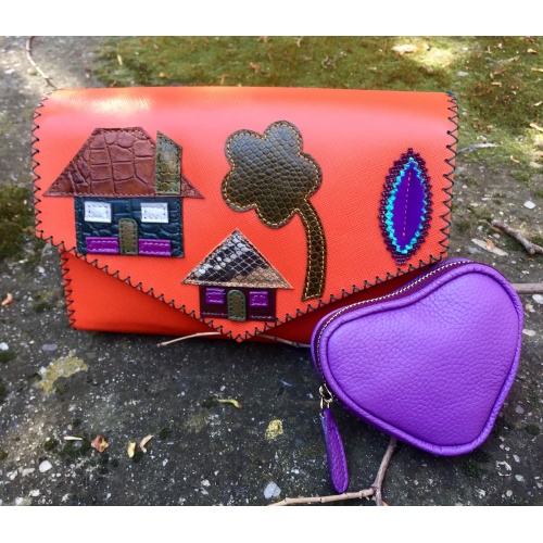 Little Colorful Leather Houses On Orange Saffiano Leather Bag By Carmenittta