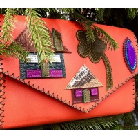 Little Colorful Leather Houses On Orange Saffiano Leather Bag By Carmenittta