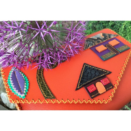 Little Colorful Leather Houses On Orange Saffiano Handmade Leather Bag 2 By Carmenittta