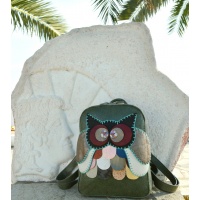 Handmade Colorful Owl on Green Snakeprint Leather Backpack by Carmenittta