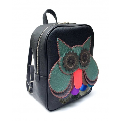 Handmade Green Owl on Black Leather Backpack by Carmenittta