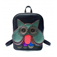 Handmade Green Owl on Black Leather Backpack by Carmenittta