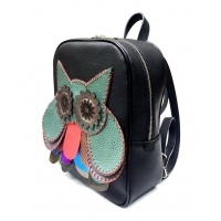 Handmade Green Owl on Black Leather Backpack by Carmenittta