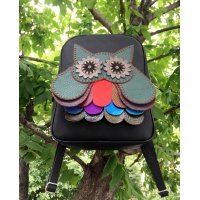 Handmade Green Owl on Black Leather Backpack by Carmenittta