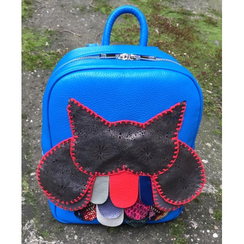 Handmade Leather Owl on Blue Leather Backpack Carmenittta