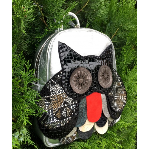Handmade Leather Owl on Silver Leather Little Backpack Carmenittta