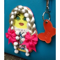 Unique Handmade Matrioshka Long Hair Doll On Turquoise and Orange Saffiano Leather Bag