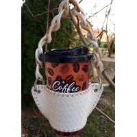 Handsewn White Leather Coffee Holder with Resin Chain Accessory