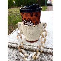 Handsewn White Leather Coffee Holder with Resin Chain Accessory