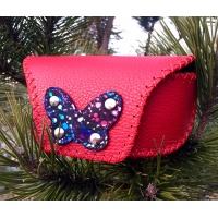 Red Leather Sunglasses Handsewn Case with a Butterfly