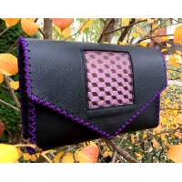 Black Leather Handmade Bag with purple 3D special printed detail