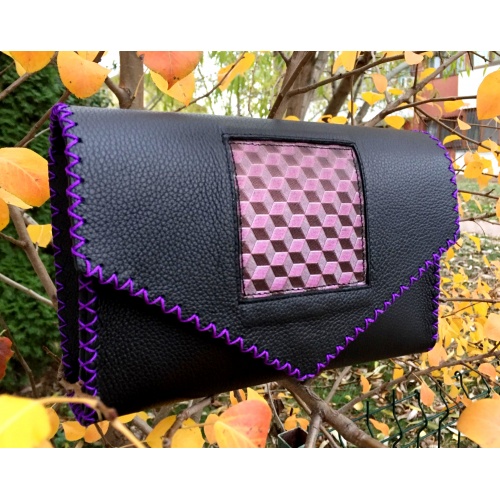 Black Leather Handmade Bag with purple 3D special printed detail