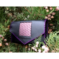 Black Leather Handmade Bag with purple 3D special printed detail