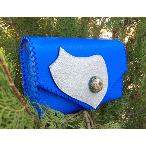 Calistephus Flower in Epoxy Resin on Blue Leather Handmade Bag