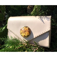 Calistephus Flower in Epoxy Resin on Pearl Cream Leather Handmade Bag