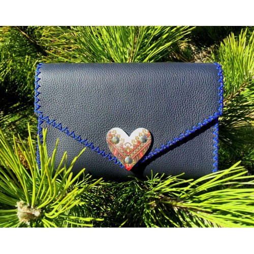 Traditional Print Heart Navy Blue Leather Handmade Bag