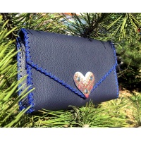 Traditional Print Heart Navy Blue Leather Handmade Bag