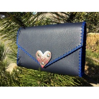 Traditional Print Heart Navy Blue Leather Handmade Bag