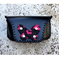 Black Leather Sunglasses Handsewn Case with Ponyskin Leather Handmade Butterfly