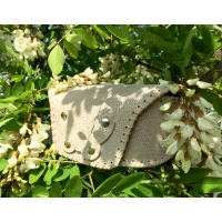 Metallic Silver Printed Beige Suede Leather Sunglasses Handsewn Case