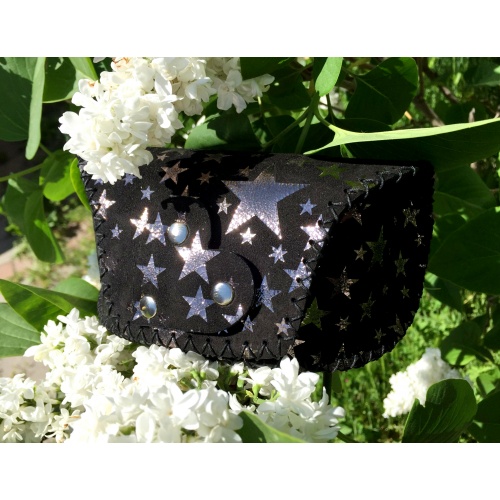 Metallic Silver Stars Printed Suede Leather Sunglasses Handsewn Case