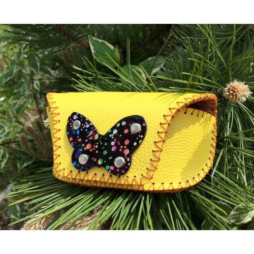 Yellow Leather Sunglasses Handsewn Case with a Colorful Printed Black Camoscio Leather Butterfly