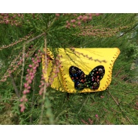 Yellow Leather Sunglasses Handsewn Case with a Colorful Printed Black Camoscio Leather Butterfly