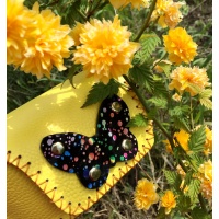 Yellow Leather Sunglasses Handsewn Case with a Colorful Printed Black Camoscio Leather Butterfly