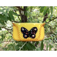 Yellow Leather Sunglasses Handsewn Case with a Colorful Printed Black Camoscio Leather Butterfly