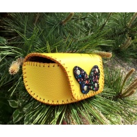 Yellow Leather Sunglasses Handsewn Case with a Colorful Printed Black Camoscio Leather Butterfly