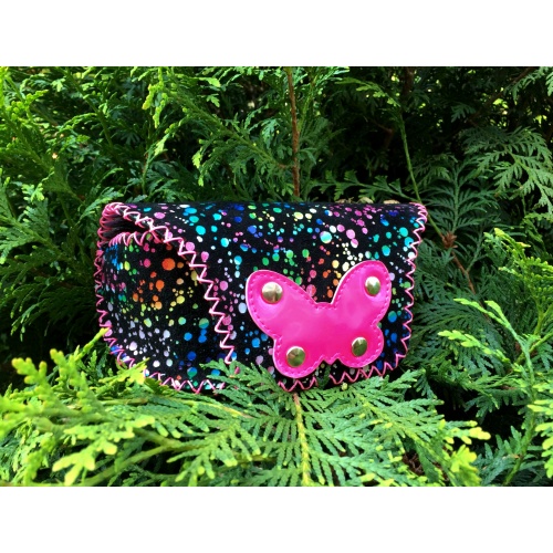 Colorful Printed Black Camoscio Leather with a hot pink butterfly Sunglasses Handsewn Case