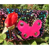 Colorful Printed Black Camoscio Leather with a hot pink butterfly Sunglasses Handsewn Case