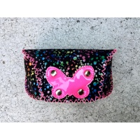 Colorful Printed Black Camoscio Leather with a hot pink butterfly Sunglasses Handsewn Case