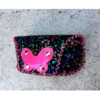 Colorful Printed Black Camoscio Leather with a hot pink butterfly Sunglasses Handsewn Case