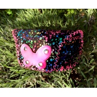 Colorful Printed Black Camoscio Leather with a hot pink butterfly Sunglasses Handsewn Case