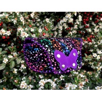 Colorful Printed Black Camoscio Leather with a purple camoscio leather butterfly Sunglasses Handsewn Case